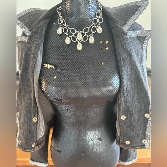 U•S•S•A Vintage Black Washed and Silver Metallic Trimmed Jacket Size Small - Picture 5 of 6